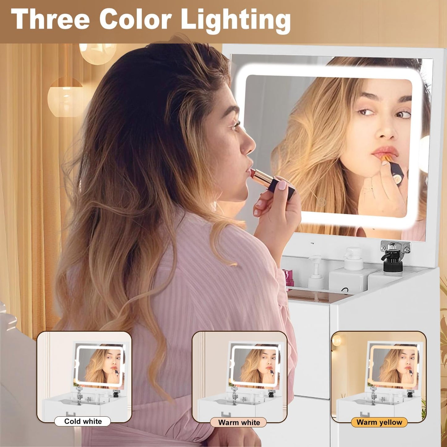 3-In-1 Corner Vanity Desk & Nightstand Combo with Flip-Up Mirror and Rolling Stool, Glass Top Makeup Dressing Table with Hidden Storage Drawers for Small Bedroom Spaces