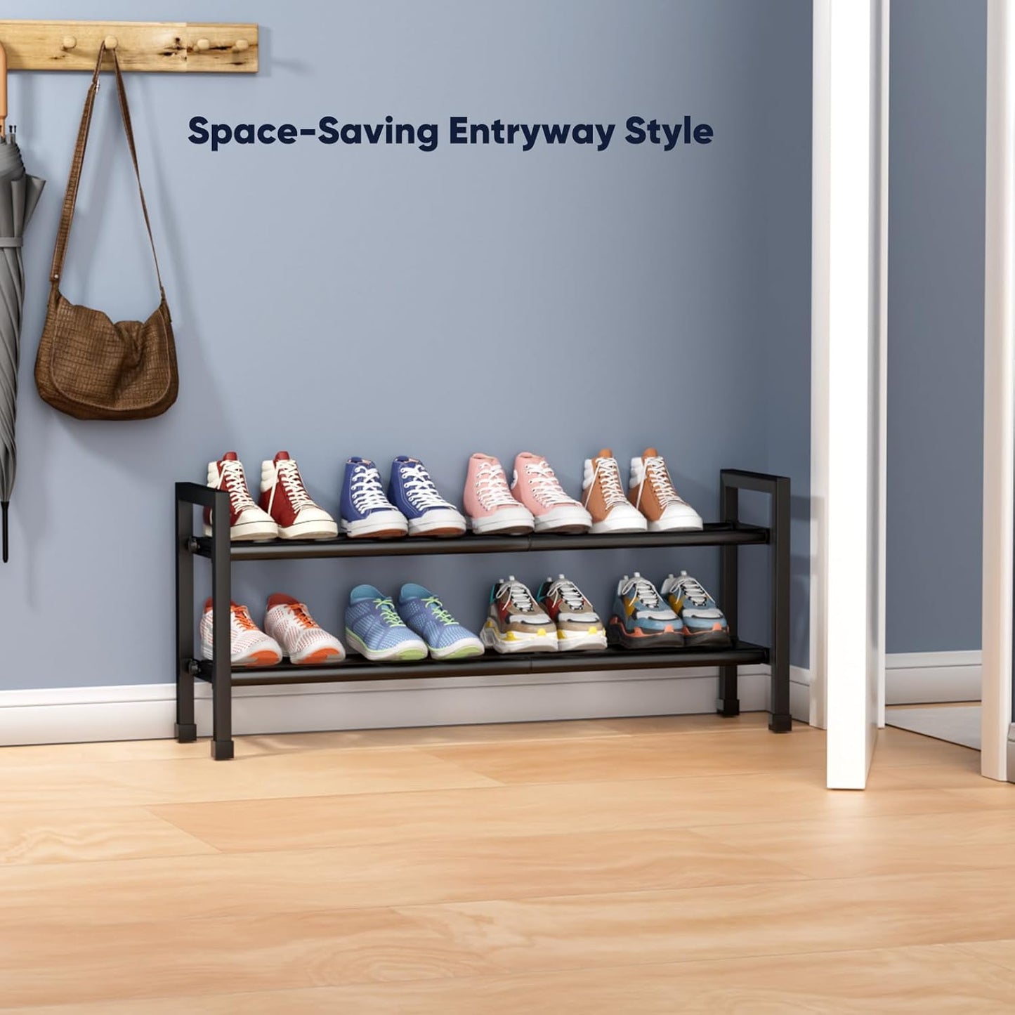 2-Tier Expandable Shoe Rack,17"-33" Adjustable Shoe Rack for Closet,Metal Shoes Shelves for Front Door Entrance, Garage & Corridor, Free Standing Shoe Holders, Easy to Assemble,Black