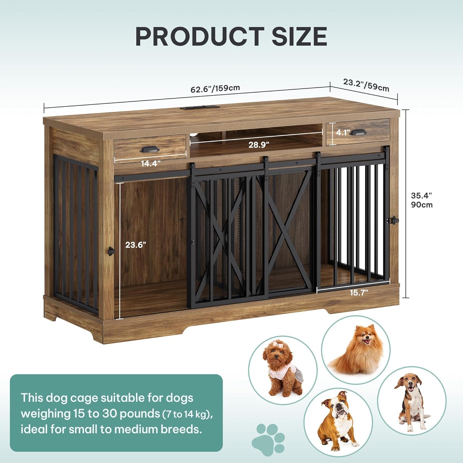 63 Inch Double Dog Crate TV Stand with Charging Station, Heavy Duty Wooden Dog Crate Furniture for 2 Dogs, Dog Kennel Indoor Furniture Double Sliding Barn Door Design Ideal for 2 Dogs, White