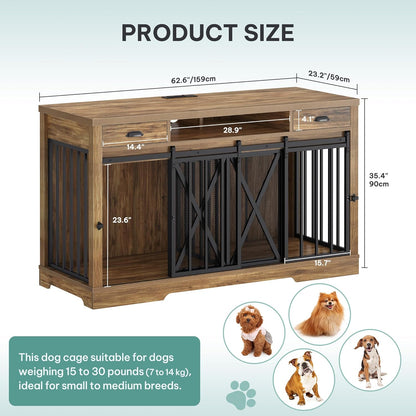 63 Inch Double Dog Crate TV Stand with Charging Station, Heavy Duty Wooden Dog Crate Furniture for 2 Dogs, Dog Kennel Indoor Furniture Double Sliding Barn Door Design Ideal for 2 Dogs, White