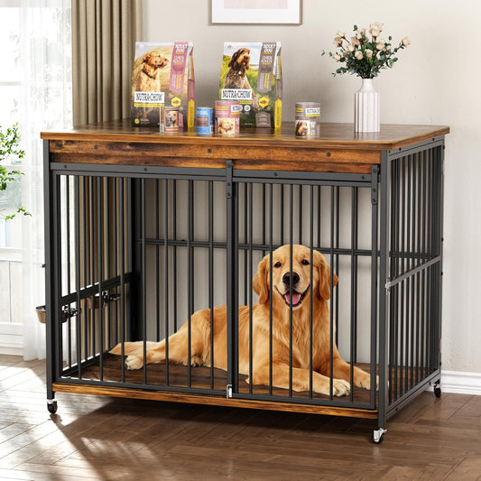 Dog Crate Furniture, 47’’ Wooden Dog Kennel Indoor with Sliding Front Door, Multi-Side Openings & Feeding Window Pet Cage House as TV Stand, End Table