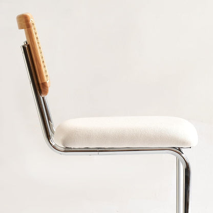 Natural Rattan Counter Height Stools Set of 2 with Solid Wood Back, 24 Inch Mid Century Modern Cesca Bar Stools, White Upholstery Boho Stool for Kitchen Counter with Chrome Metal Legs