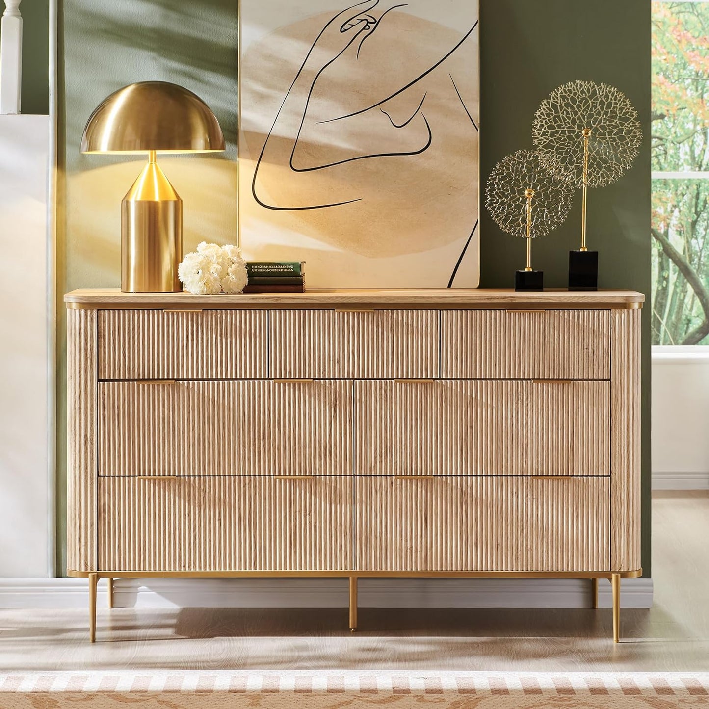 Fluted 7 Drawers Dresser for Bedroom, 54" Wide Modern Dresser TV Stand, Gold Accents, Fluted Fronts, Wood Storage Dressers Organizer for Bedroom, Living Room, Natural Oak