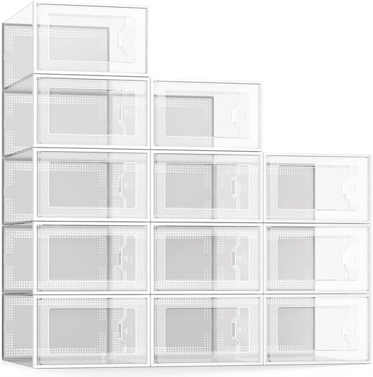 12 Pack Shoe Storage Box, Clear Plastic Stackable Shoe Organizer for Closet, Space Saving Foldable Shoe Rack Sneaker Container Bin Holder