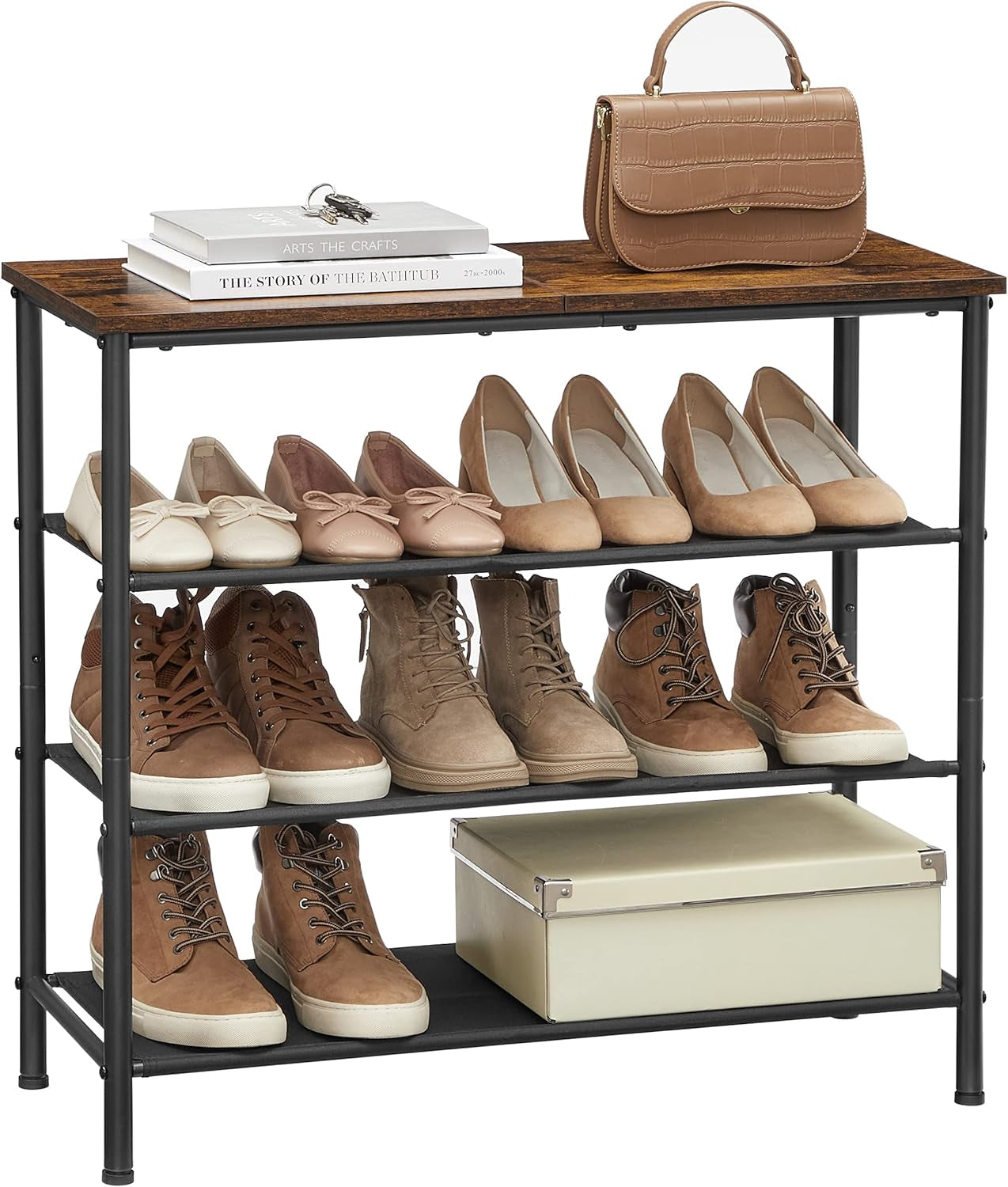 Shoe Rack, 4-Tier Shoe Storage Organizer for Entryway and Closet, Holds 9-12 Pairs of Shoes, 3 Fabric Shelves, Steel Frame, Industrial, Rustic Brown and Black ULBS035B01