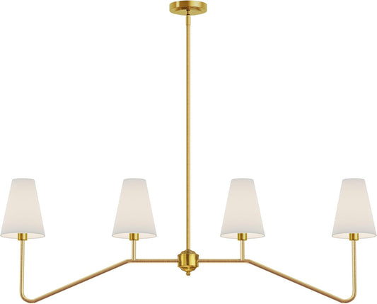;47" W 4-Light Linear Kitchen Island Lighting Fixture Classic Chandeliers Polished Gold with White Linen Shades for Dining Table,E12,160W