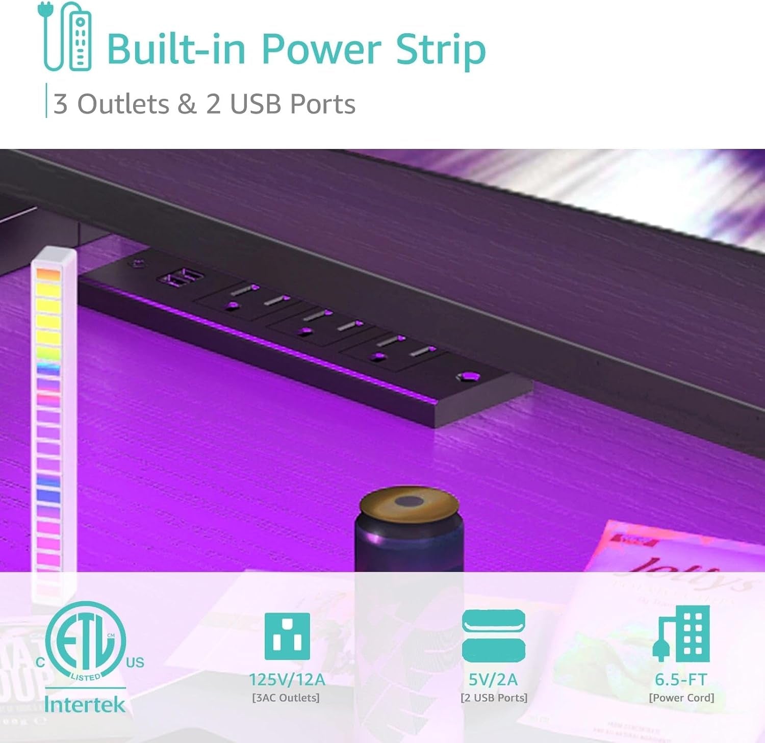 L Shaped Gaming Desk with Led Lights and Power Outlets, 48 Inch Corner Home Office Desk with Monitor Stand Shelves, Writing Study Computer Desks with Fabric Drawers for Bedroom, Black