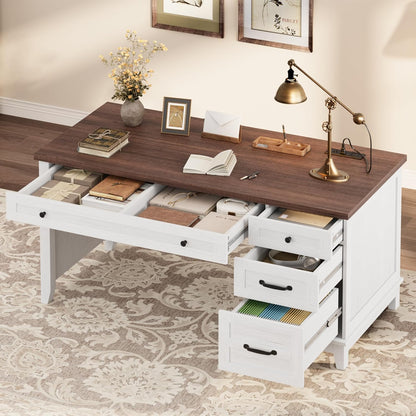 53.5" Wooden Home Office Desk with File Drawers, Executive Desk with Power Outlet, Farmhouse Wood Desk with Storage, Distressed Study and Work Table, Rustic White