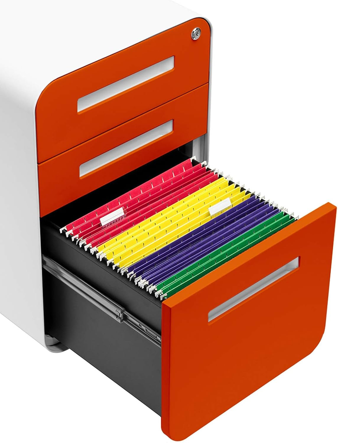 Stockpile 3 Drawer File Cabinet with Lock - under Office Desk Metal Filing Cabinet, Legal/Letter File Folders, Wheels and Stationary Feet, Pre-Assembled, Orange Faceplate