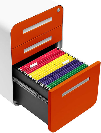 Stockpile 3 Drawer File Cabinet with Lock - under Office Desk Metal Filing Cabinet, Legal/Letter File Folders, Wheels and Stationary Feet, Pre-Assembled, Orange Faceplate