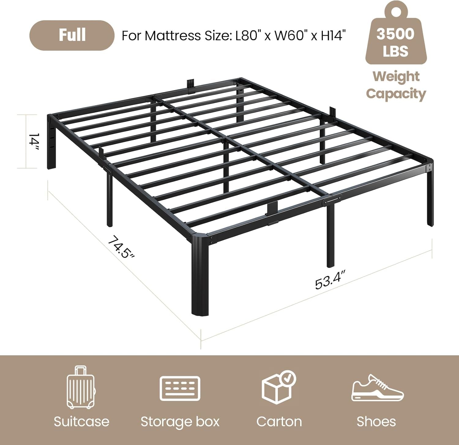 Metal Bed Frame Full Size, 14 Inch 3500 Lbs Heavy Duty Platform Bed Frames Steel Slats Noise Free No Box Spring Needed, Easy Assemble Sturdy Bedframe Rounded Corner with Storage and Mattress Retainers