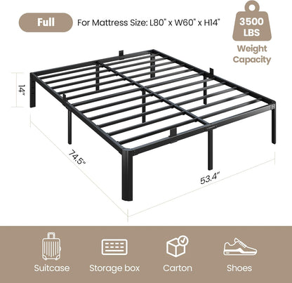 Metal Bed Frame Full Size, 14 Inch 3500 Lbs Heavy Duty Platform Bed Frames Steel Slats Noise Free No Box Spring Needed, Easy Assemble Sturdy Bedframe Rounded Corner with Storage and Mattress Retainers