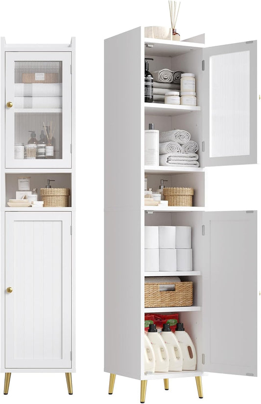 Bathroom Storage Cabinet, Bathroom Cabinet with 6 Shelves & 2 Doors, Tall Bathroom Storage Cabinet for Bathroom, Kitchen, Laundry Room, White