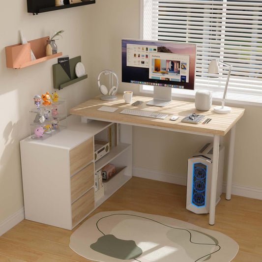 L Shaped Computer Desk, 47 Inch Home Office Desk with File Drawers & Storage Shelves, Small Corner Computer Desk for Small Space (White + Walnut)