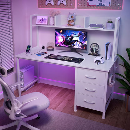 White Computer Desk with Hutch & Drawers - Office Desk with 3 Storage Drawers and Power Outlets, 47 Inch Modern Study Writing Desk for Bedroom Home Office