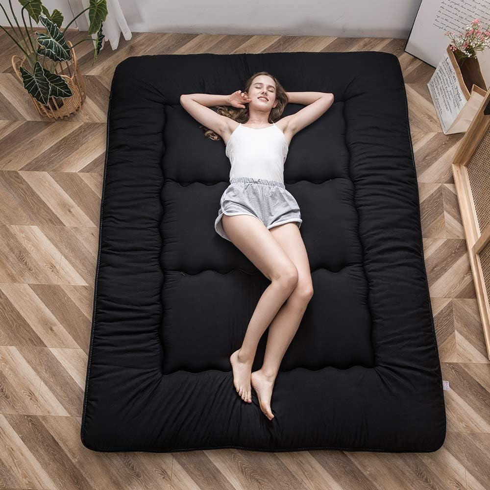 Japanese Floor Mattress Futon Mattress, 4" Thicken Tatami Mat Sleeping Pad Foldable Roll up Mat Boys Girls Dormitory Pad Kids Floor Lounger Pillow Bed, Black, Full