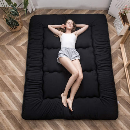 Japanese Floor Mattress Futon Mattress, 4" Thicken Tatami Mat Sleeping Pad Foldable Roll up Mat Boys Girls Dormitory Pad Kids Floor Lounger Pillow Bed, Black, Full