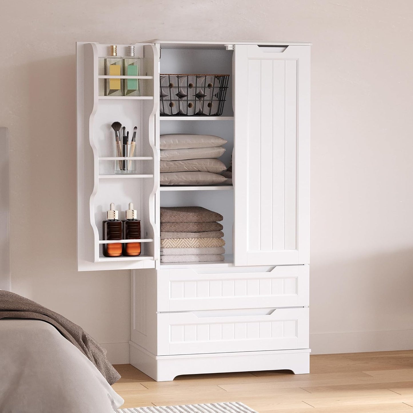 Kitchen Pantry Storage Cabinet with Drawers Freestanding Bathroom Storage Cabinets with Doors and Shelves, 47" Small Food Pantry Cabinet for Dining Room Craft Room, White