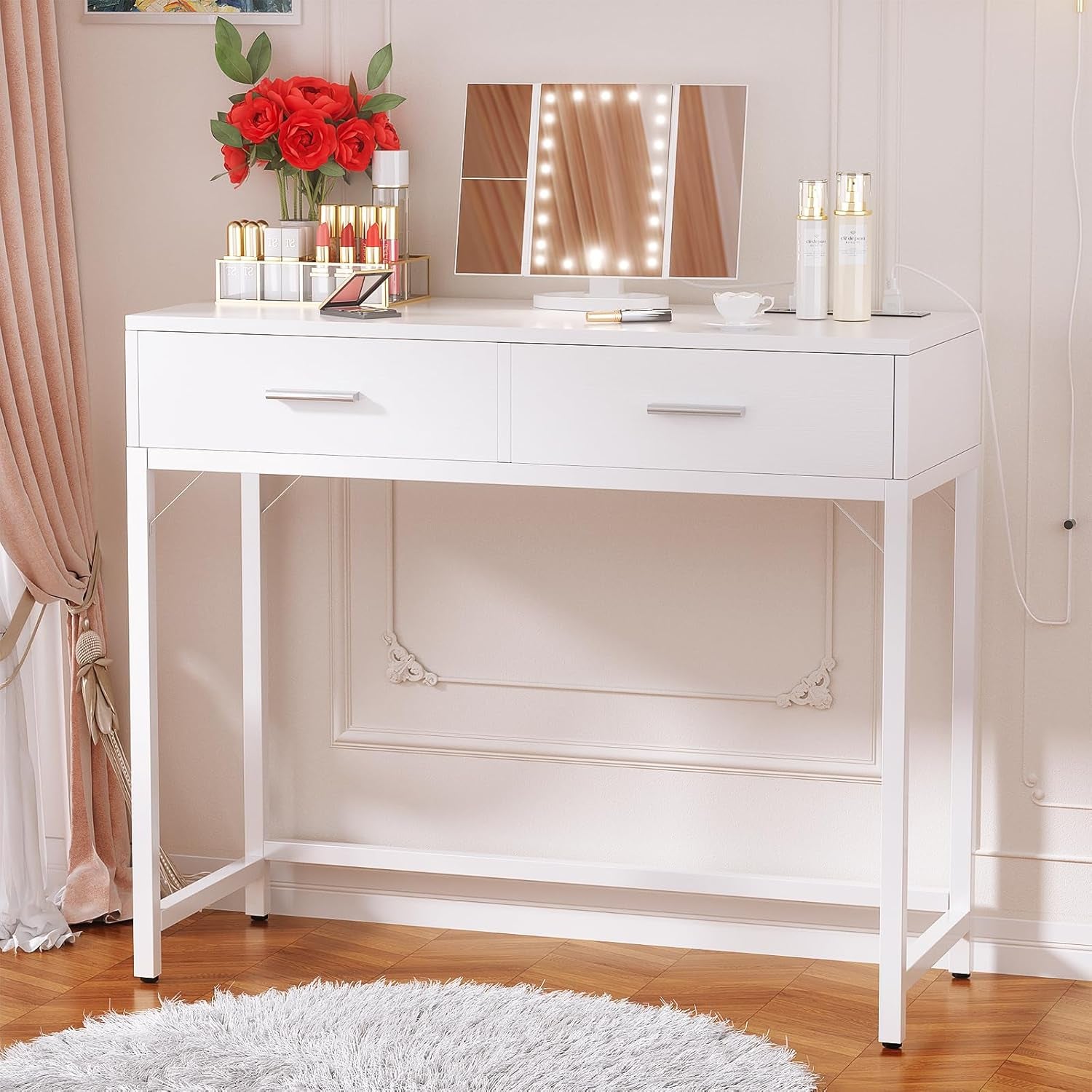 Vanity Desk with Mirror and Lights, 36'' Makeup Vanity Desk with Power Outlet, Small Vanities Set Dressing Table with Drawers for Bedroom, White