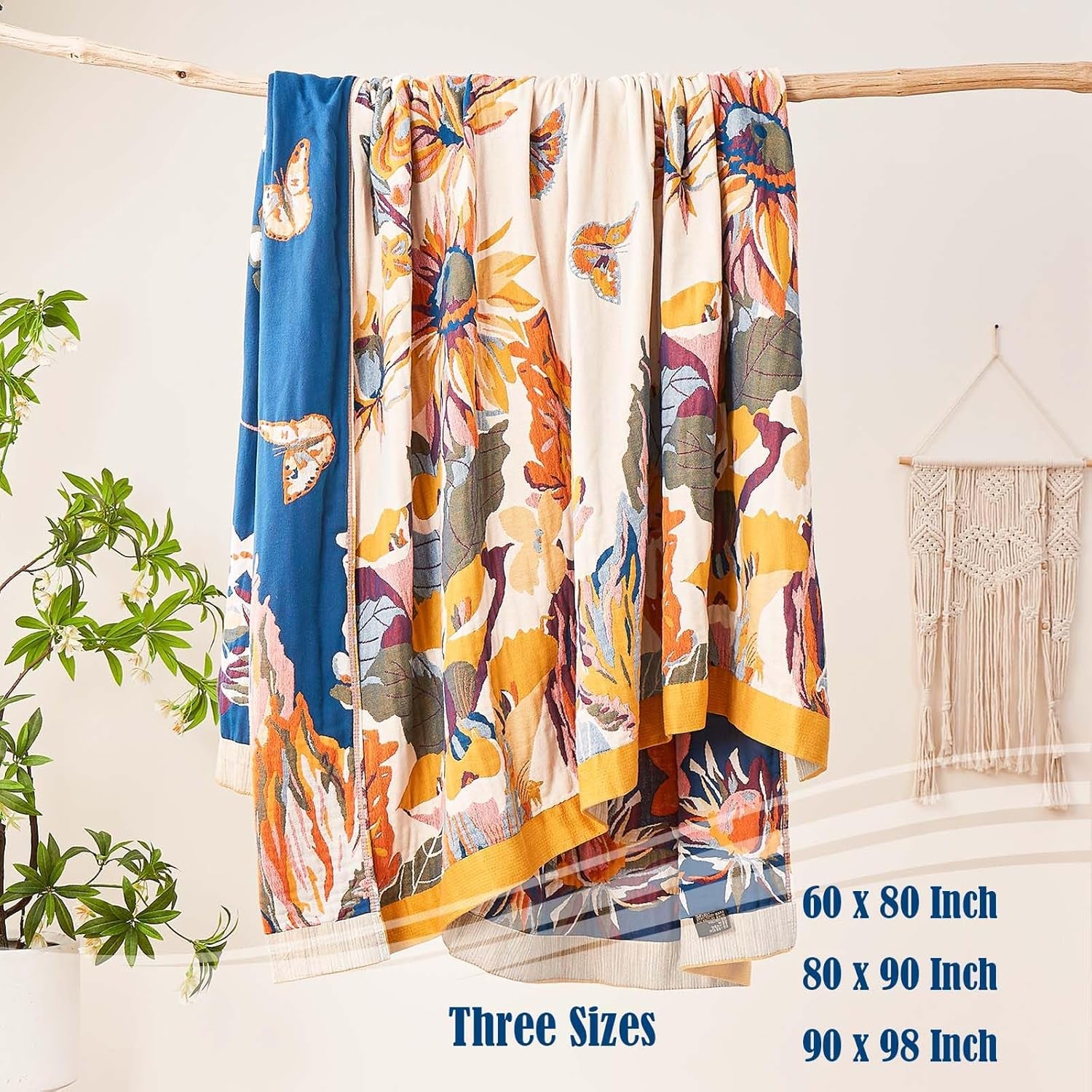 Boho Throw Blanket, 100% Cotton Ultra Soft Luxury Throw Rustic Quilt, 50"X60" Floral Bird Butterfly Farmhouse Decor Bed Blankets, All Season Rustic Reversible Bohemian Throw for Bed - Yellow