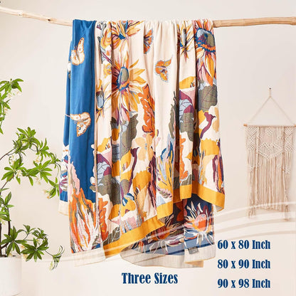 Boho Throw Blanket, 100% Cotton Ultra Soft Luxury Throw Rustic Quilt, 50"X60" Floral Bird Butterfly Farmhouse Decor Bed Blankets, All Season Rustic Reversible Bohemian Throw for Bed - Yellow