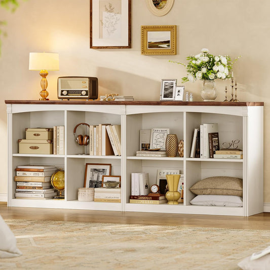 63’’ Extra Long 8 Cube Storage Organizer Bookcase,Long Bookshelf, Cube Shelf with Adjustable Shelves, 2 Tiers Floor Standing Book Shelf for Home and Office,White