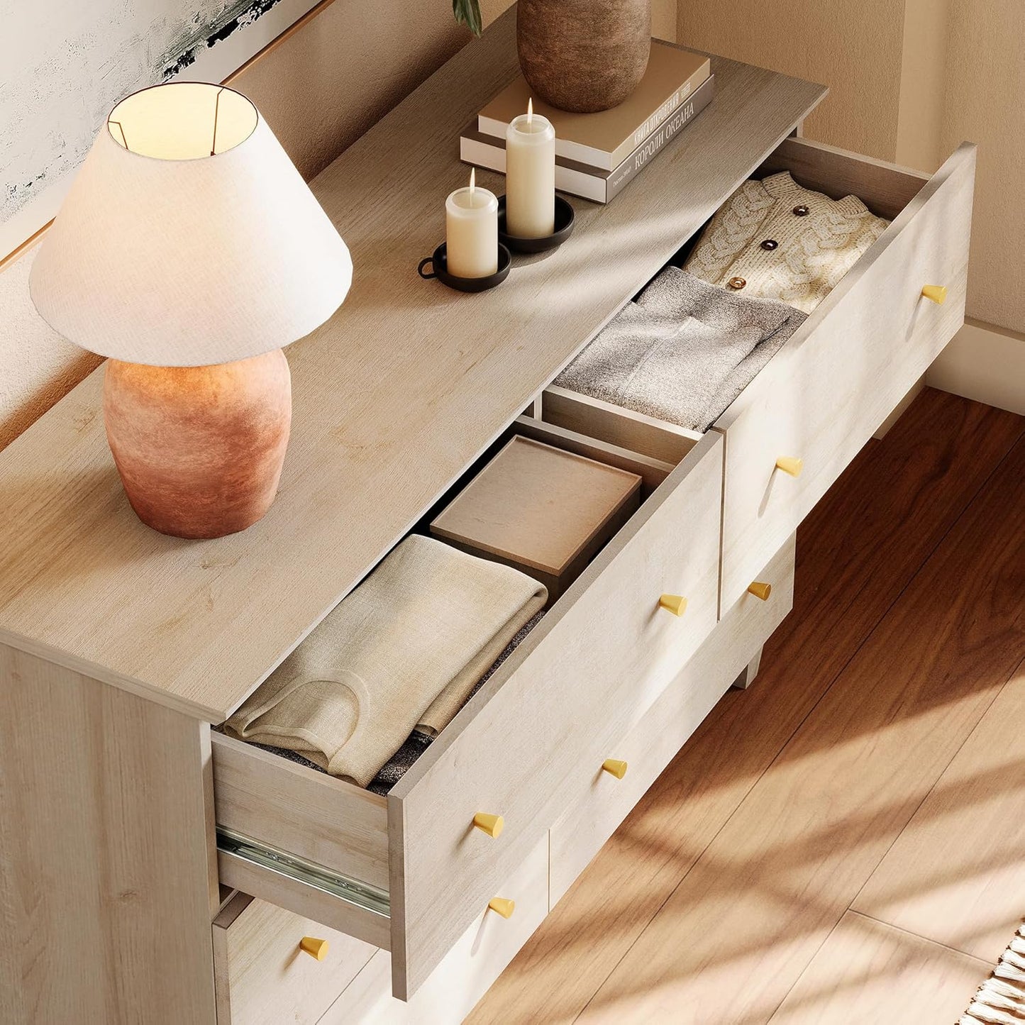 Dresser and Nightstand Set for Bedroom, 47.2 Inches Wood Dresser with 6 Drawers, 1 Piece Nightstand with Charging Station, Chest of Drawers and Bedside Table Set, Light Oak