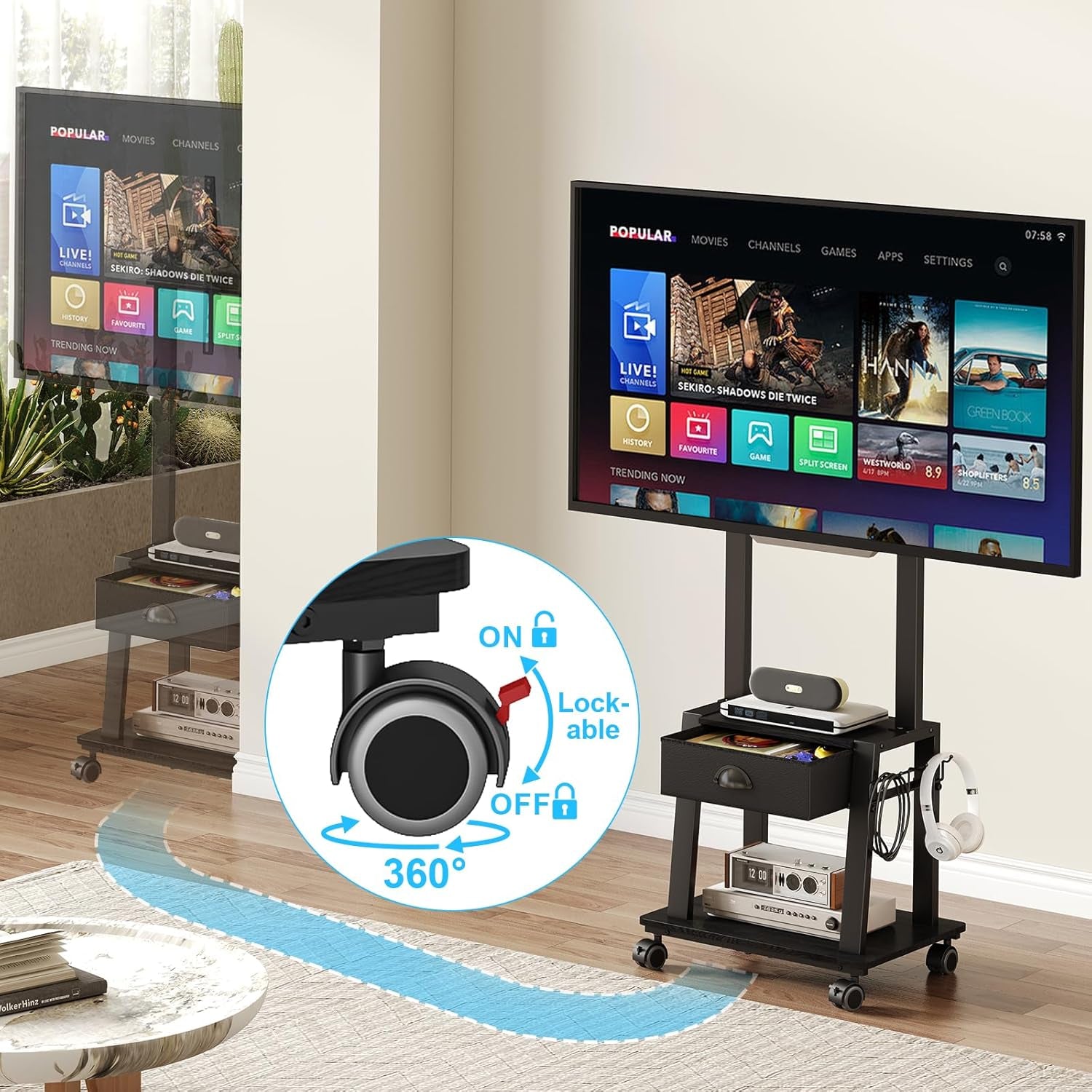 Mobile TV Stand with Drawer for 23-60 Inch Flat/Curved Screen,Tilt Rolling TV Cart on Wheels with 2 Shelves Adjustable Height Portable TV Stand Holds up to 50 Lbs for Indoor Outdoor Max VESA 400X400Mm