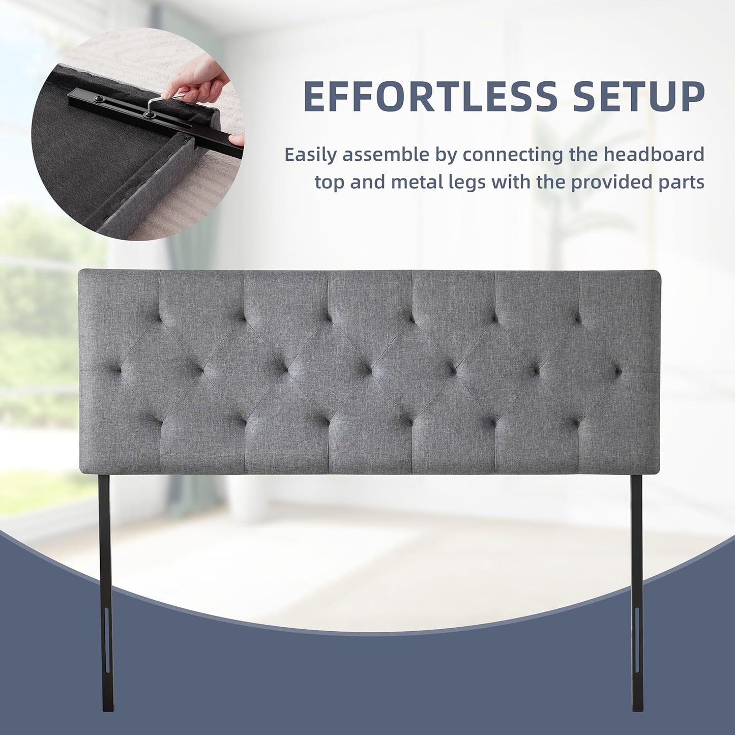 Linen Upholstered Headboard Queen Size, Modern Diamond Tufting Solid Wood Queen Headboard Only, Adjustable Height from 37” to 51” Head Board, Bed Frame or Wall Mount Headboards, Light Grey