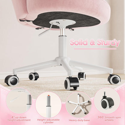 Office Vanity Chair with Wheels, Comfy Desk Chair with Back, Armless Home Office Desk Chair Hight Adjustable & 360° Swivel, Makeup Task Chair for Bedroom, Study Room, Blush Pink