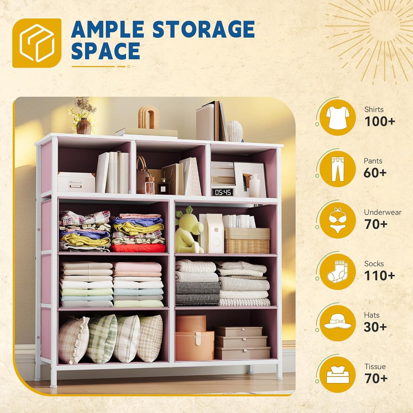 Dresser with 9 Drawers, Fabric Storage Dresser, Closet Chest of Drawers for Living Room, Closets - Sturdy Steel Frame, Wooden Top & Easy Pull Fabric Bins (Pink)