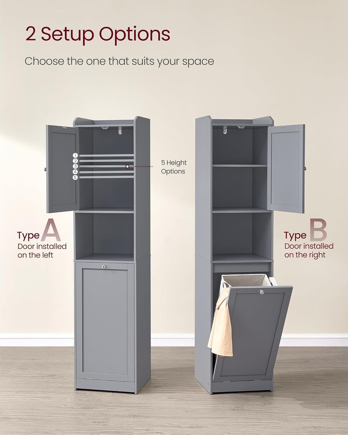 Tall Bathroom Cabinet with Laundry Basket, Removable Laundry Basket with Handles, Compartment with Door, Linen Tower, 15.8 X 15.8 X 66.9 Inches, Dove Gray UBBC761G02