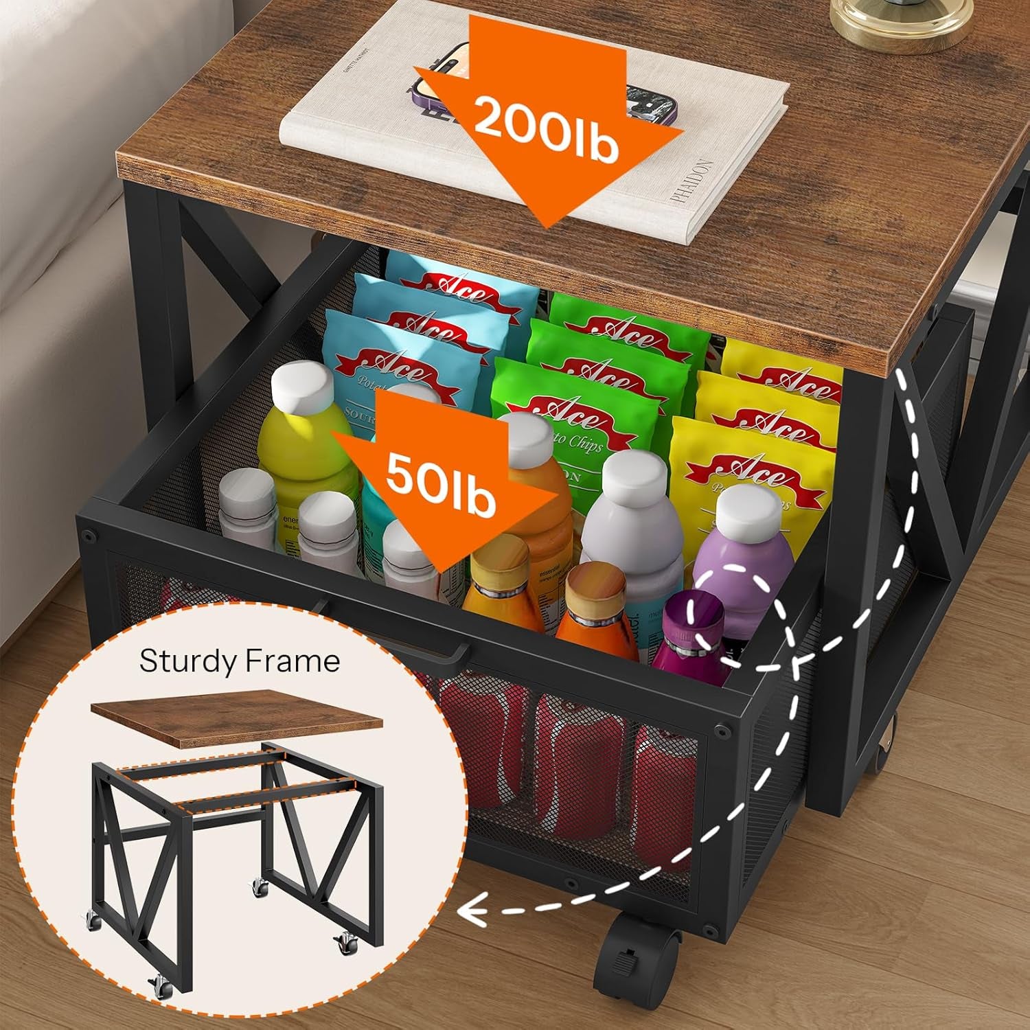 Mini Fridge Stand with Movable Storage Basket and Wheels, Mini Fridge Cabinet with Wheels, Sturdy Metal Frame, for Home, Office, Dorm, Rustic Brown and Black BF255TL01