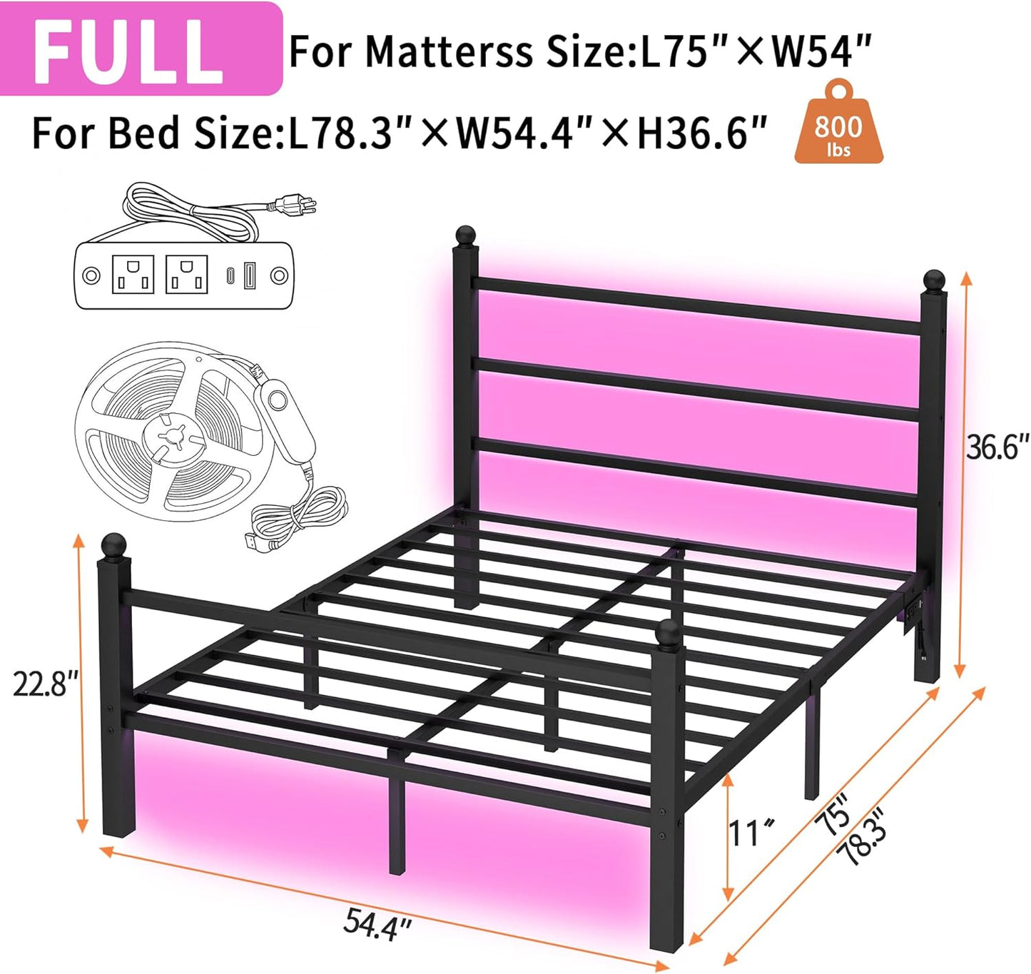 Full Size Bed Frame with Headboard and Footboard,Steel Slats Support-Led Bed Frame with USB Charging Station,Mattress Foundation-Under Bed Storage, No Box Spring Needed,Noise Free,Black