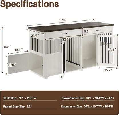 Dog Crate Furniture - Indoor Wood Dog Kennel Furniture 4 Doors with Divider and 2 Drawers - 72" L X 23.6" W X 34.8" H, White