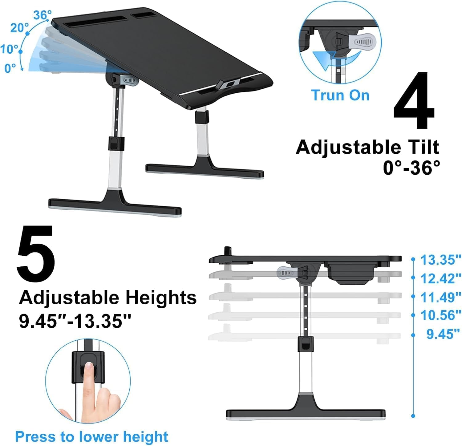 Laptop Bed Desk, X-Large Leather Adjustable Computer Bed Table Tray, Foldable Laptop Lap Desk for Bed Sofa Couch Floor Writing Eating Working with Drawer 2 Movable Stoppers (23.6 Inch, Black)