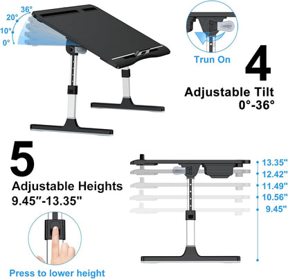 Laptop Bed Desk, X-Large Leather Adjustable Computer Bed Table Tray, Foldable Laptop Lap Desk for Bed Sofa Couch Floor Writing Eating Working with Drawer 2 Movable Stoppers (23.6 Inch, Black)