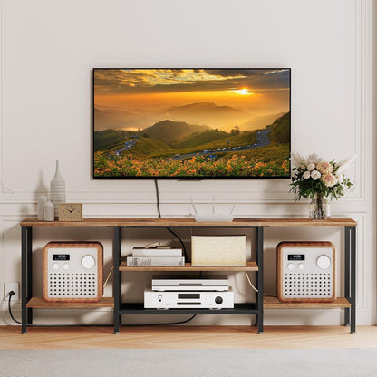 TV Stand with Power Outlets to 75 Inches, TV Console Table with Open Storage Shelves Cabinet, Industrial Media Entertainment Center for Living Room Bedroom, Rustic Brown and Black BF60DS01