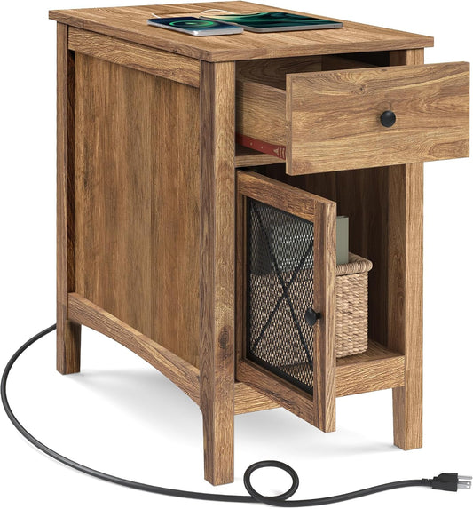 Side Table with Storage, End Table with USB Ports and Outlets, Nightstand with Charging Station, Drawer, Storage Cabinet, Magazine Rack, for Living Room, Bedroom, Rustic Walnut ULET312T41