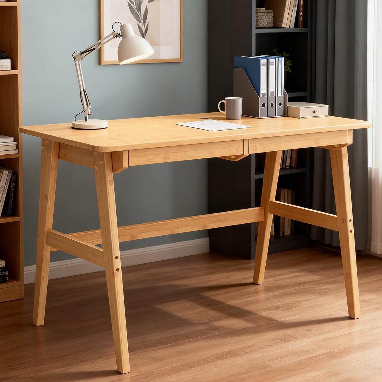 Writing Computer Desk 46" Bamboo Home Office Table with 2 Drawers, Modern Furniture Simple Study Makeup Workstation