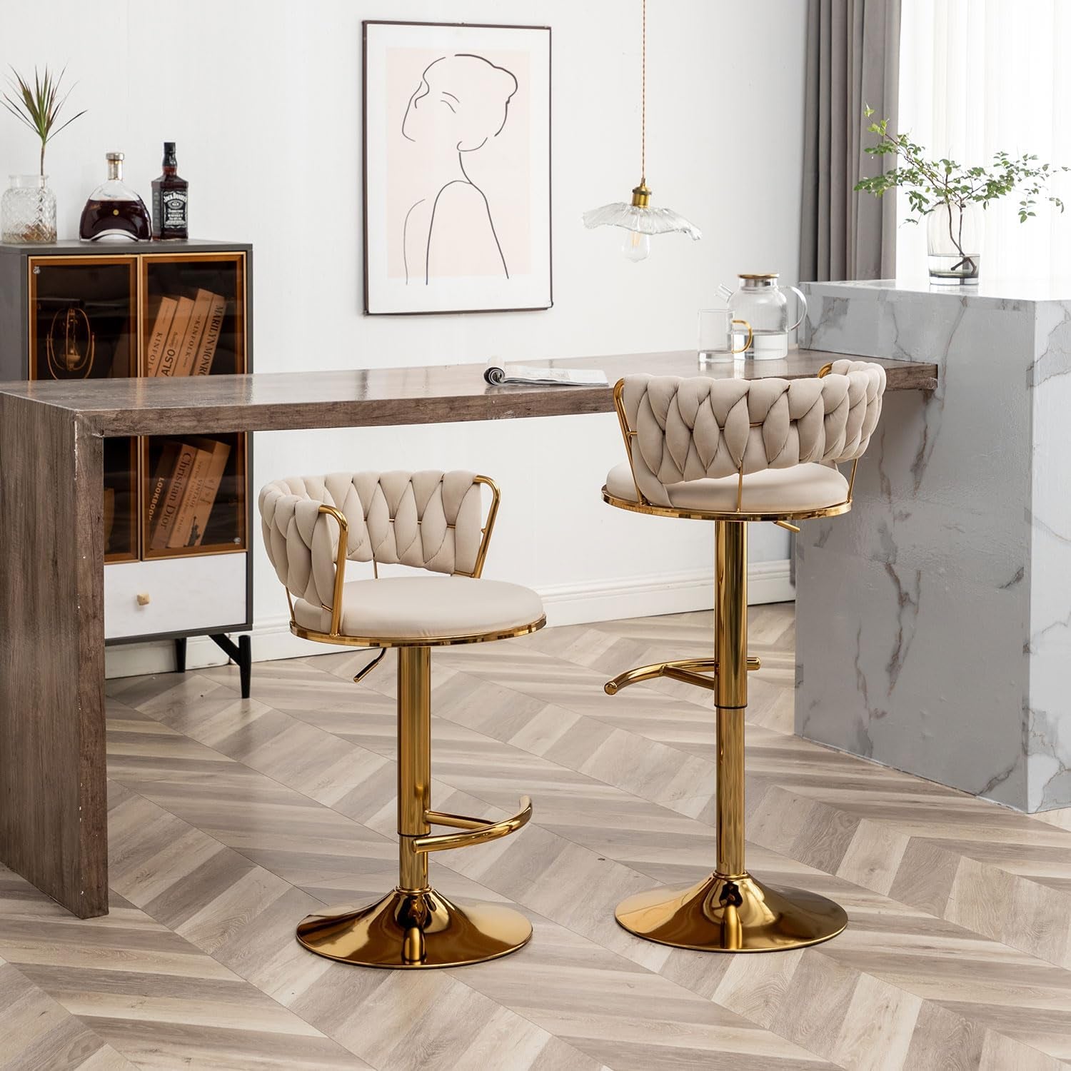 Velvet Bar Stools Set of 2, Counter Height Barstools with Low Back, Gold Swivel Bar Stool for Kitchen Island, Pub (Beige)