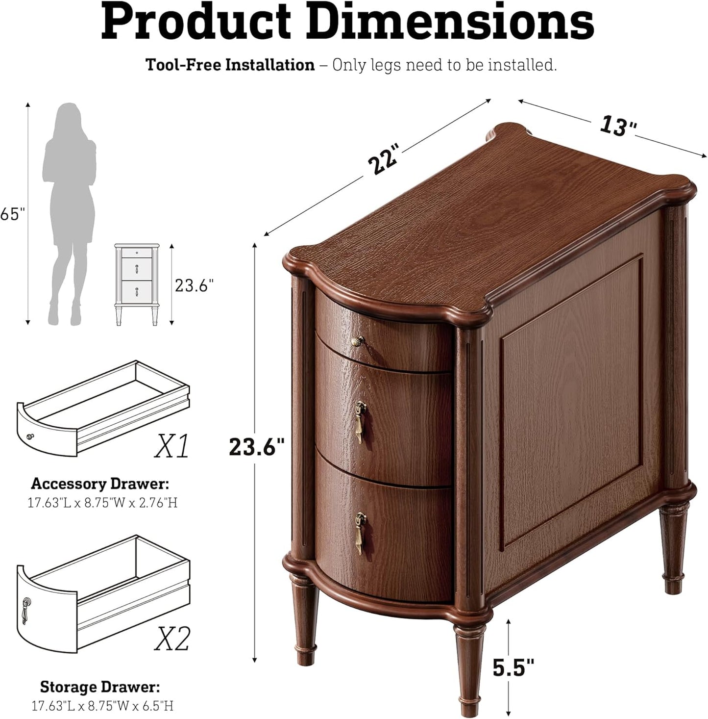 Nightstand W/Charging Station & 3 Drawers, Pre-Assembled, Vintage Side Table W/Antique-Finished Pulls, Rustic Wood Finish, Narrow End Table W/Turned Legs for Bedroom (1, Brown)
