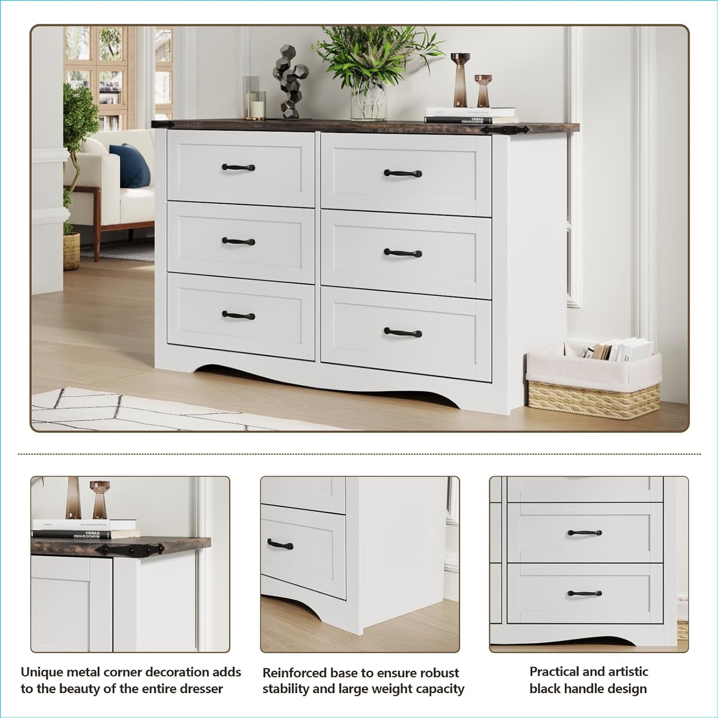 Farmhouse 6 Drawer Dresser for Bedroom, Wood Dresser Chest of Drawers, Wide Dressers Organizer with Metal Handles, Natural Texture Storage Cabinet for Closet, Living Room, Hallway (White)