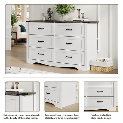 Farmhouse 6 Drawer Dresser for Bedroom, Wood Dresser Chest of Drawers, Wide Dressers Organizer with Metal Handles, Natural Texture Storage Cabinet for Closet, Living Room, Hallway (White)
