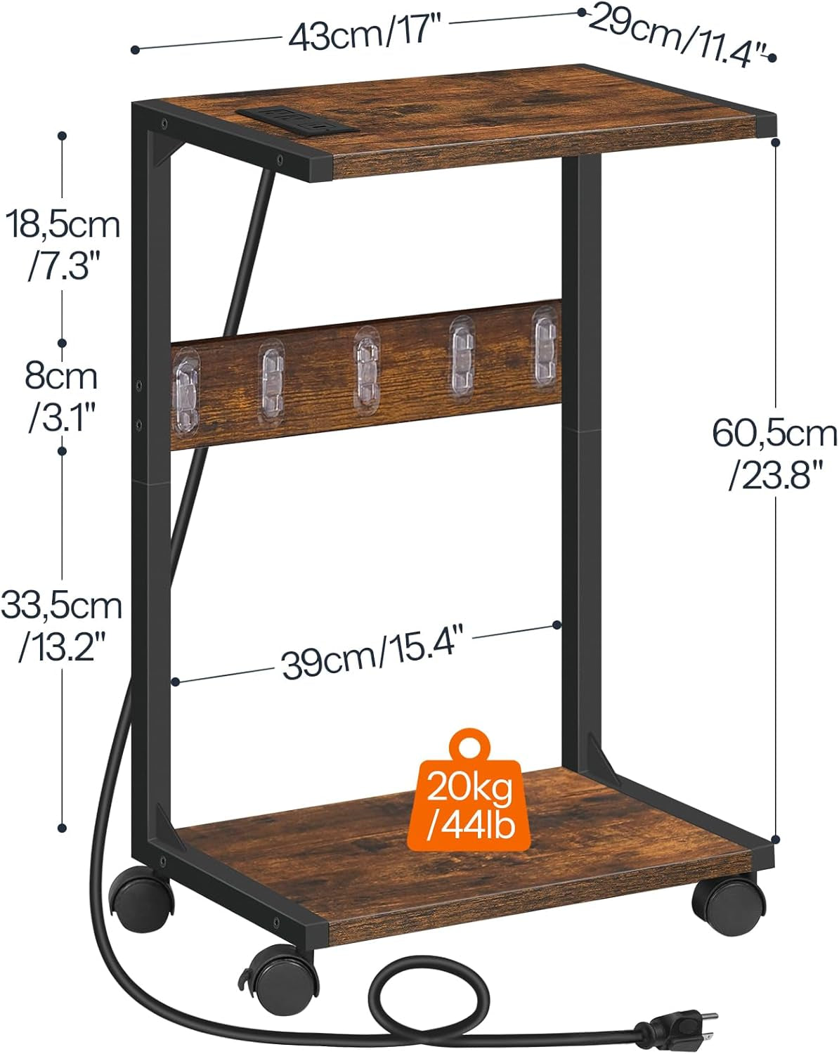 Computer Tower Stand, PC Stand with Charging Station, 2-Tier PC Tower Stand with Locking Caster Wheels, CPU Stand Fits Most Pcs, PC Stand for Floor, for Home Office Rustic Brown BF01UCJ01G1