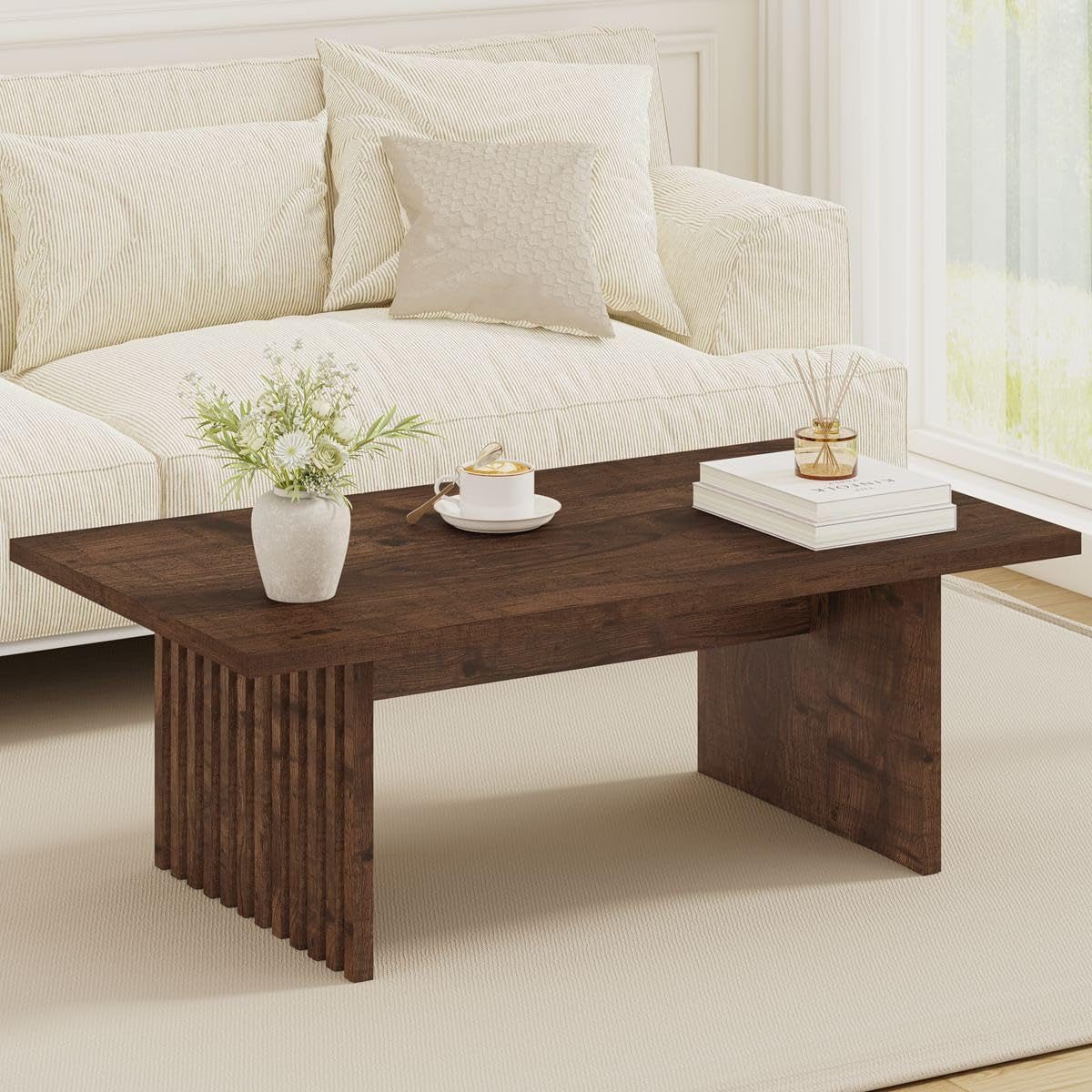 47 Inch Coffee Table, Fluted Side Panels Coffee Tables for Living Room, Large Wooden Tabletop Center Table, Farmhouse Living Room Tables for Lounge, Office, Rustic Oak