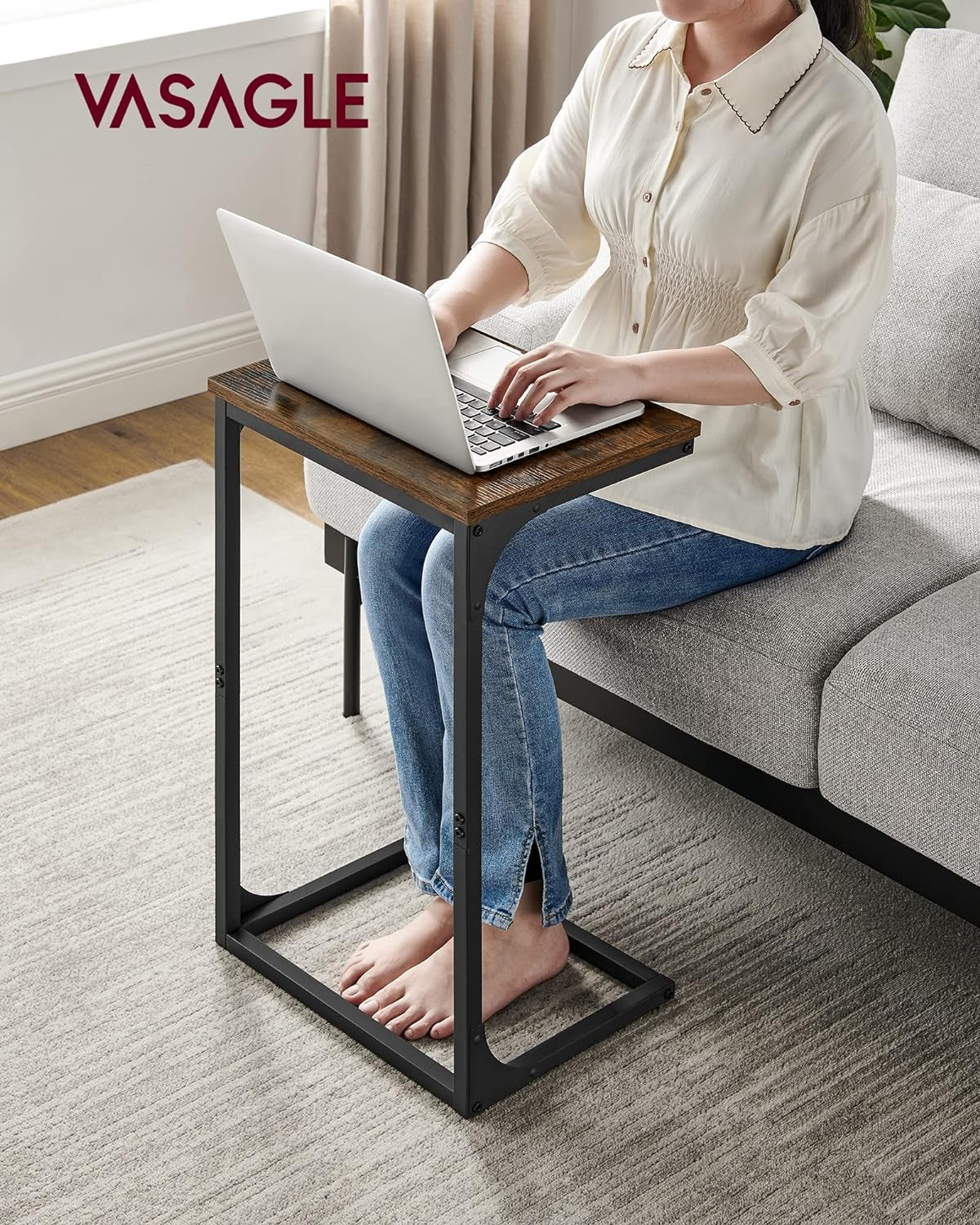 C-Shaped End Table, Side Table for Sofa, Couch Table with Metal Frame, Small TV Tray Table for Living Room, Bedroom, Rustic Brown and Black