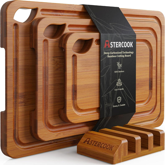 Deep-Carbonized Bamboo Cutting Boards for Kitchen with Wood Storage Stand, Reversible Charcuterie & Chopping Boards with Juice Grooves and Easy-Grip Handles, Knife-Friendly, Kitchen Gift