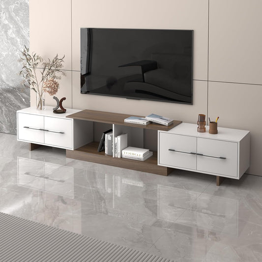 Extendable TV Stand, Modern TV Console for up to 120 Inch TV, Entertainment Center with 4 Large Drawers & Open Shelf, Media Console for Living Room - White & Walnut (Extendable 74.80"-102.36")