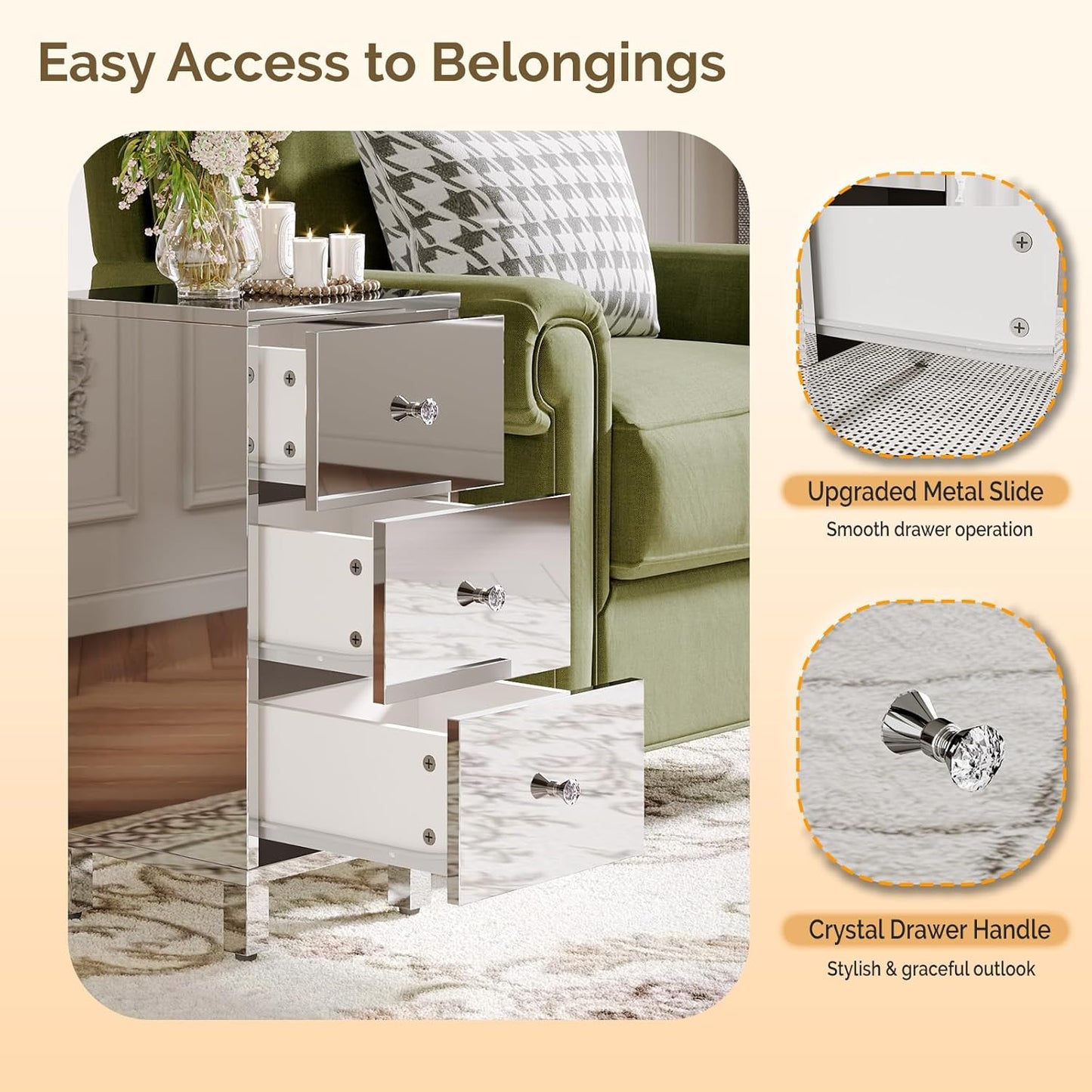 Mirror-Look Nightstands Set of 2, Silver Nightstand with 3 Drawers, Night Stand for Bedroom, Faux Mirrored Nightstand, 11.8" W*11.8" D*23.5" H